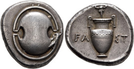 BOEOTIA. Thebes. Circa 390-382 BC. Stater (Silver, 22 mm, 12.26 g, 9 h), Wast..., magistrate. Boeotian shield. Rev. FA-ΣT Amphora; above, boukranion; ...