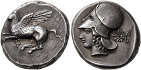 CORINTHIA. Corinth. Circa 400-375 BC. Stater (Silver, 18 mm, 8.59 g, 12 h). Pegasos flying left; below, Ϙ. Rev. Head of Athena to left, wearing Corint...