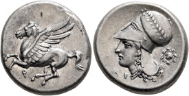 CORINTHIA. Corinth. Circa 375-300 BC. Stater (Silver, 21 mm, 8.61 g, 3 h). Pegasos flying left; below, Ϙ. Rev. Head of Athena to left, wearing laureat...
