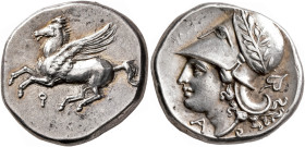 CORINTHIA. Corinth. Circa 375-300 BC. Stater (Silver, 21 mm, 8.59 g, 7 h). Pegasos flying left, below, Ϙ. Rev. Head of Athena to left, wearing laureat...