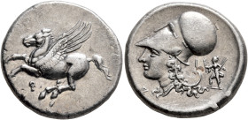 CORINTHIA. Corinth. Circa 375-300 BC. Stater (Silver, 22 mm, 8.55 g, 11 h). Pegasos flying left; below, Ϙ. Rev. Head of Athena to left, wearing Corint...
