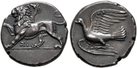 SIKYONIA. Sikyon. Circa 330/20-280 BC. Triobol or Hemidrachm (Silver, 15 mm, 2.83 g, 7 h). Chimaera standing left, raising right forepaw; below, ΣΙ. R...