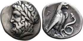 ELIS. Olympia. 111th Olympiad, 336 BC. Hemidrachm (Silver, 15 mm, 2.67 g, 5 h). Laureate head of Zeus to left. Rev. F - A Eagle, with closed wings, st...