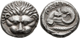 CIMMERIAN BOSPOROS. Pantikapaion. Circa 390-380 BC. Drachm (Silver, 15 mm, 5.15 g, 1 h). Facing head of a lion. Rev. ΠΑΝΤI Head of a ram to left; belo...