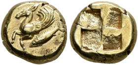 MYSIA. Kyzikos. Circa 500-450 BC. Hemihekte – 1/12 Stater (Electrum, 8 mm, 1.32 g). Forepart of a winged stag to left, with rounded wing; below, tunny...