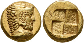 MYSIA. Kyzikos. 5th-4th century BC. Hekte (Electrum, 10 mm, 2.65 g, 12 h). Head of bearded Herakles to right, wearing lion skin headdress; below, tunn...