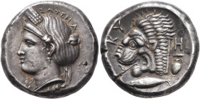 MYSIA. Kyzikos. Circa 390-341/0 BC. Tetradrachm (Silver, 23 mm, 15.28 g, 7 h). ΣΩΤΕΙΡΑ Head of Kore to left, wearing wreath of grain ears, pendant ear...