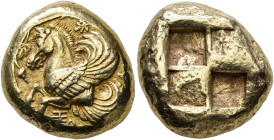 MYSIA. Lampsakos. Circa 411 BC. Stater (Electrum, 18 mm, 15.08 g). Forepart of Pegasos to left; below, Ξ; around, grapevine with leaves and bunches of...