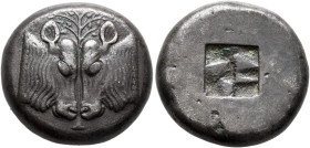 LESBOS. Unattributed Koinon mint. Circa 510-480 BC. Stater (Billon, 20 mm, 11.07 g). Confronted heads of two calves; between, olive tree. Rev. Small i...