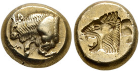 LESBOS. Mytilene. Circa 521-478 BC. Hekte (Gold, 9 mm, 2.57 g, 3 h). Forepart of a bull to left; in field to left, M. Rev. Incuse head of a lion with ...
