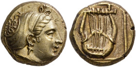 LESBOS. Mytilene. Circa 412-378 BC. Hekte (Electrum, 9 mm, 2.57 g, 7 h). Head of a female to right, her hair bound in a sakkos, wearing single pendant...