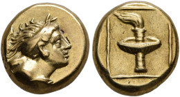 LESBOS. Mytilene. Circa 377-326 BC. Hekte (Electrum, 9 mm, 2.55 g, 11 h). Half length bust of a maenad to right, her hair bound in sphendone, wearing ...