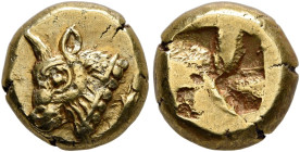IONIA. Phokaia. Circa 625/0-522 BC. Hekte (Electrum, 9 mm, 2.59 g, 1 h). Head of a bull to left; in field to right, small seal upward. Rev. Quadripart...