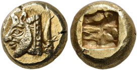 IONIA. Phokaia. Circa 625/0-522 BC. Hekte (Electrum, 9 mm, 2.59 g, 12 h). Head of a river-god, in the form of a horned and bearded man-headed bull, to...