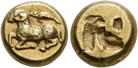 IONIA. Phokaia. Circa 625/0-522 BC. Hekte (Electrum, 9 mm, 2.56 g, 1 h). Ram recumbent to left; above, small seal to left. Rev. Quadripartite incuse s...