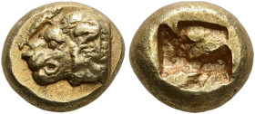 IONIA. Phokaia. Circa 625/0-522 BC. Hekte (Electrum, 9 mm, 2.60 g, 11 h). Head of a lion to left; above, seal to right. Rev. Incuse square punch. Bode...