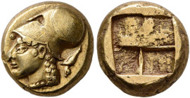 IONIA. Phokaia. Circa 521-478 BC. Hekte (Electrum, 9 mm, 2.58 g, 1 h). Head of Athena to left, wearing Corinthian helmet; in field to right, small sea...