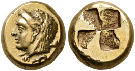 IONIA. Phokaia. Circa 387-326 BC. Hekte (Electrum, 9 mm, 2.54 g, 1 h). Head of Omphale to left, wearing lion skin headdress of Herakles; club behind n...
