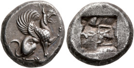 IONIA. Teos. Late 6th-early 5th century BC. Hemistater or Drachm (Silver, 16 mm, 5.84 g). Griffin seated to right, left forepaw raised. Rev. Quadripar...