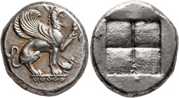 IONIA. Teos. Circa 470/65-449 BC. Stater (Silver, 20 mm, 11.97 g), Aeginetic standard. Griffin, with curved wings, seated to right on ornamented groun...
