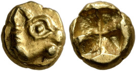 IONIA. Uncertain. Circa 600-550 BC. Myshemihekte – 1/24 Stater (Electrum, 6 mm, 0.67 g, 1 h). Head of a lionness to right. Rev. Quadripartite incuse s...