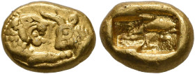 KINGS OF LYDIA. Kroisos, circa 560-546 BC. 1/6 Stater (Gold, 9 mm, 1.33 g), light standard, Sardes. Confronted foreparts of a lion and a bull. Rev. Tw...