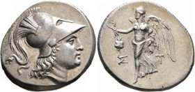 PAMPHYLIA. Side. Circa 205-190 BC. Tetradrachm (Silver, 32 mm, 16.90 g, 12 h), St..., magistrate. Head of Athena to right, wearing crested Corinthian ...