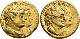 PTOLEMAIC KINGS OF EGYPT. Ptolemy II Philadelphos, with Arsinöe II, Ptolemy I, and Berenike I, 285-246 BC. Half Mnaieion or Tetradrachm (Gold, 20 mm, ...