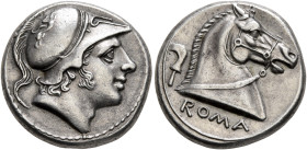 Anonymous, circa 240 BC. Didrachm (Silver, 18 mm, 6.56 g, 7 h). Head of youthful Mars to right, wearing crested Corinthian helmet decorated with a gri...