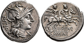 L. Sempronius Pitio, 148 BC. Denarius (Silver, 17 mm, 3.78 g, 9 h), Rome. PITIO Head of Roma to right, wearing winged helmet and pearl necklace; to ri...
