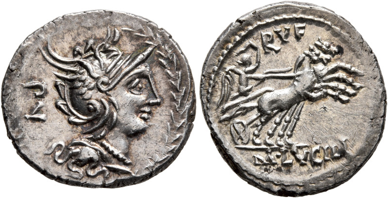 M. Lucilius Rufus, 101 BC. Denarius (Silver, 20 mm, 3.95 g, 9 h), Rome. Head of ...