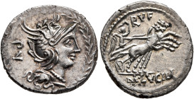 M. Lucilius Rufus, 101 BC. Denarius (Silver, 20 mm, 3.95 g, 9 h), Rome. Head of Roma to right, wearing winged helmet and pearl necklace; to left, PV; ...