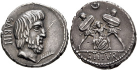 L. Titurius L.f. Sabinus, 89 BC. Denarius (Silver, 18 mm, 3.98 g, 4 h), Rome. SABIN Bare-headed and bearded head of King Titus Tatius to right; in low...