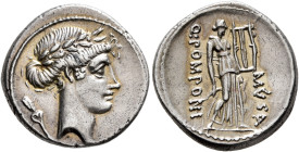 Q. Pomponius Musa, 56 BC. Denarius (Silver, 18 mm, 3.91 g, 3 h), Rome. Laureate head of Apollo to right; to left, handle of plectrum. Rev. Q•POMPONI /...
