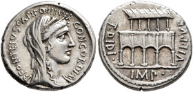 P. Fonteius P.f. Capito, 55 BC. Denarius (Silver, 17 mm, 3.93 g, 12 h), Rome. P•FONTEIVS•CAPITO•III•VIR•CONCORDIA Veiled and diademed head of Concordi...
