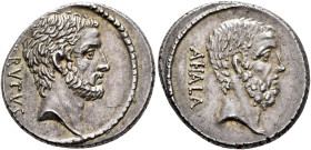M. Junius Brutus, 54 BC. Denarius (Silver, 18 mm, 4.14 g, 7 h), Rome. BRVTVS Bearded head of L. Junius Brutus to right. Rev. AHALA Bearded head of C. ...