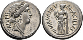 Man. Acilius Glabrio, 49 BC. Denarius (Silver, 19 mm, 3.93 g, 9 h), Rome. SALVTIS Head of Salus to right, wearing laurel wreath, pendant earring and p...