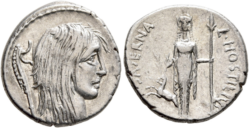 L. Hostilius Saserna, 48 BC. Denarius (Silver, 18 mm, 3.82 g, 2 h), Rome. Bare h...