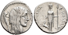 L. Hostilius Saserna, 48 BC. Denarius (Silver, 18 mm, 3.82 g, 2 h), Rome. Bare head of Gallia to right, wearing long hair; to left, carnyx (Gallic tru...