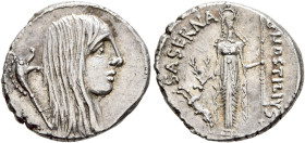 L. Hostilius Saserna, 48 BC. Denarius (Silver, 18 mm, 3.77 g, 6 h), Rome. Bare head of Gallia to right, wearing long hair; to left, carnyx (Gallic tru...