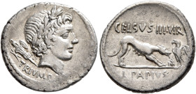 L. Papius Celsus, 45 BC. Denarius (Silver, 19 mm, 3.82 g, 1 h), Rome. TRIVMP[VS] Laureate head of Triumphus to right; behind, trophy. Rev. CELSVS•III•...