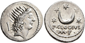 P. Clodius M.f. Turrinus, 42 BC. Denarius (Silver, 19 mm, 3.90 g, 6 h), Rome. Radiate head of Sol to right; to left, quiver. Rev. P•CLODIVS / •M•F• Cr...