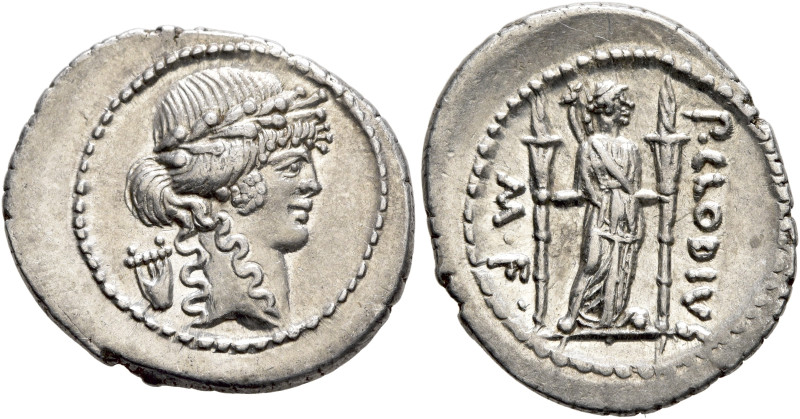P. Clodius M.f. Turrinus, 42 BC. Denarius (Silver, 22 mm, 3.82 g, 9 h), Rome. La...