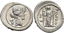 P. Clodius M.f. Turrinus, 42 BC. Denarius (Silver, 22 mm, 3.82 g, 9 h), Rome. Laureate head of Apollo to right; behind, lyre. Rev. P•CLODIVS / M•F• Di...