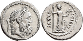 C. Vibius Varus, 42 BC. Denarius (Silver, 18 mm, 3.76 g, 2 h), Rome. Laureate head of Hercules to right. Rev. C•VIBIVS - VARVS Minerva standing front,...