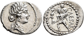 Julius Caesar, 49-44 BC. Denarius (Silver, 20 mm, 3.94 g, 6 h), military mint moving with Caesar in North Africa, 48-47. Diademed head of Venus to rig...