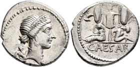Julius Caesar, 49-44 BC. Denarius (Silver, 18 mm, 3.89 g, 6 h), military mint moving with Caesar in Spain, 46-45. Diademed head of Venus to right; beh...