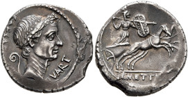 Julius Caesar, 49-44 BC. Denarius (Silver, 17 mm, 3.55 g, 1 h), with M. Mettius, moneyer. Rome, January 44. CAESA[R•DICT] - QVART Wreathed head of Jul...