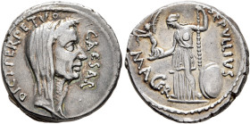 Julius Caesar, 49-44 BC. Denarius (Silver, 17 mm, 3.95 g, 7 h), with P. Sepullius Macer. Rome, first half of March 44. CAESAR DICT•PERPETVO Veiled and...