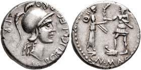 Cnaeus Pompey Jr, 48-45 BC. Denarius (Silver, 18 mm, 3.85 g, 6 h), with Marcus Poblicius, legatus pro praetore. Corduba, 46-45. M•POBLICI•LEG•PRO - PR...